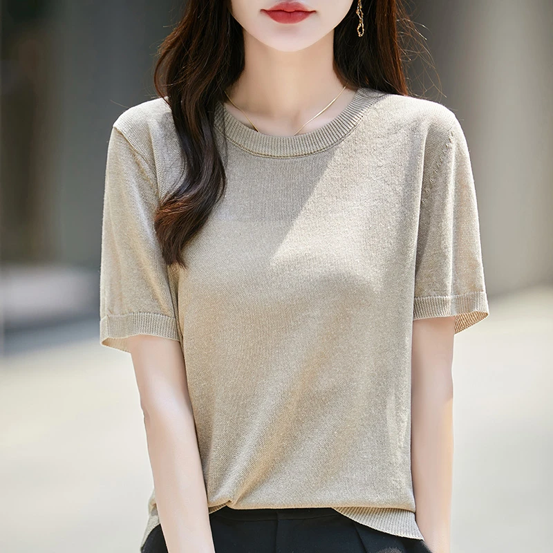 圆领短袖女士亚麻莱赛尔天丝薄款宽松针织打底衫显瘦气质半袖百搭