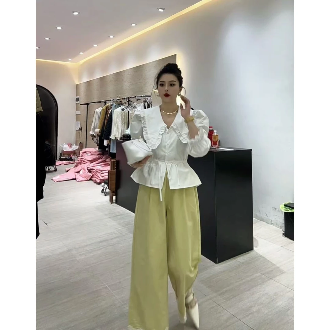 【 Wan wan】白色娃娃领腰部抽绳收腰排扣衬衣