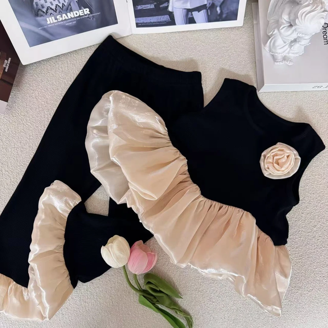 女童韩系套装夏季新款荷叶边背心黑天鹅女宝宝微喇裤两件套