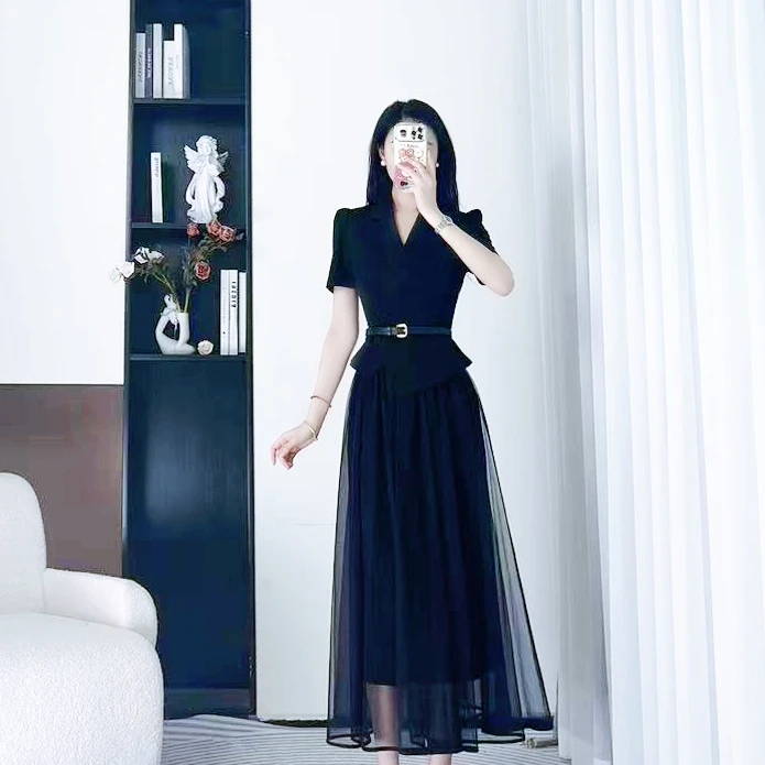 拉夏贝尔25秋季新法式修身收腰显瘦气质短袖上衣+纱裙 10359 LSC