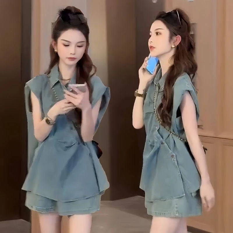 设计感复古时尚套装女夏季网红爆款短袖牛仔衬衫阔腿短裤两件套潮