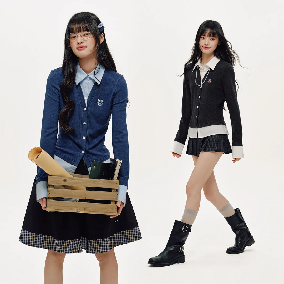 PSO Brand 【V领假两件开衫】女装衬衫领针织牛仔时尚长袖NKS001