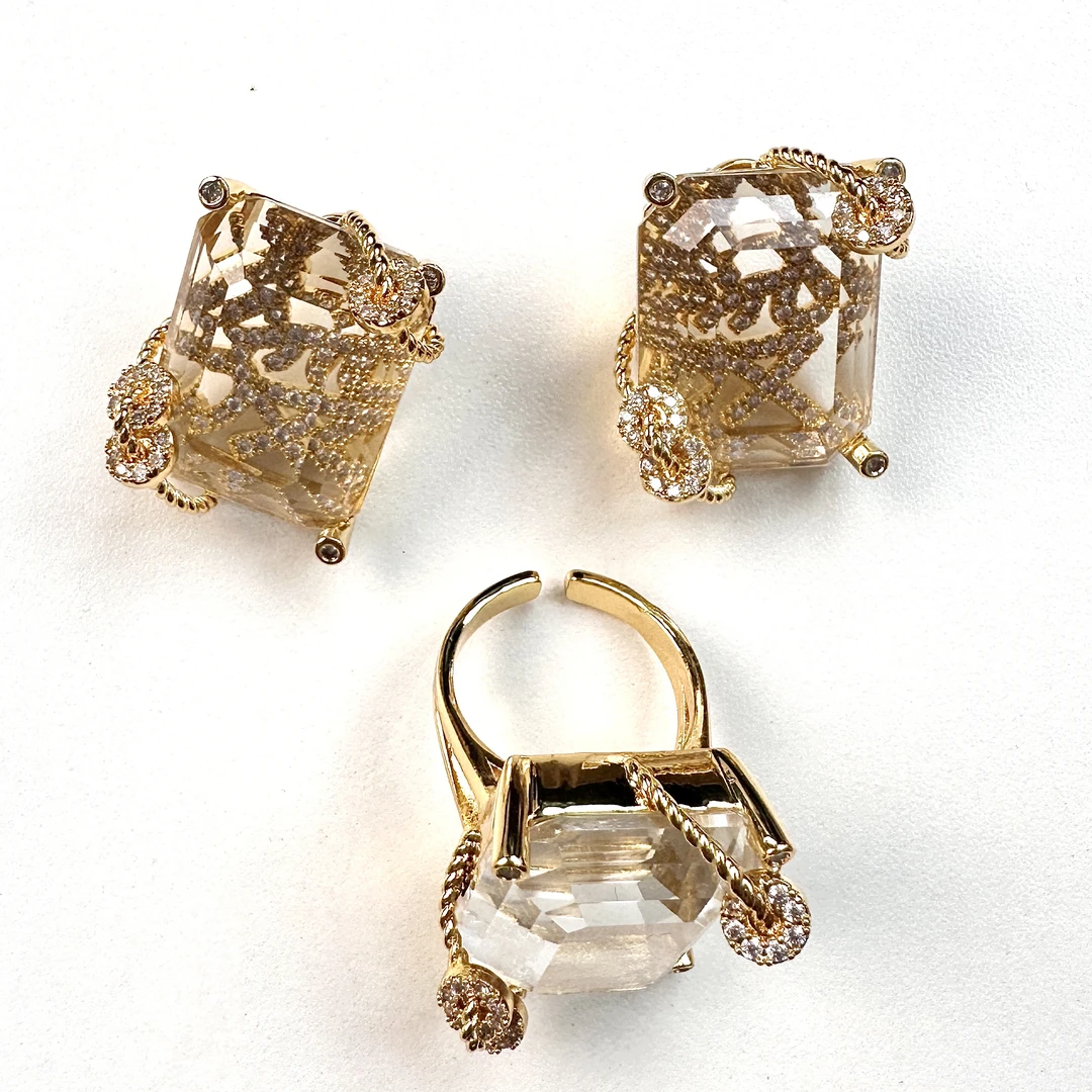 铜合金玻璃耳饰 中古饰品耳扣百搭欧美耳环时尚金色小众戒指套装