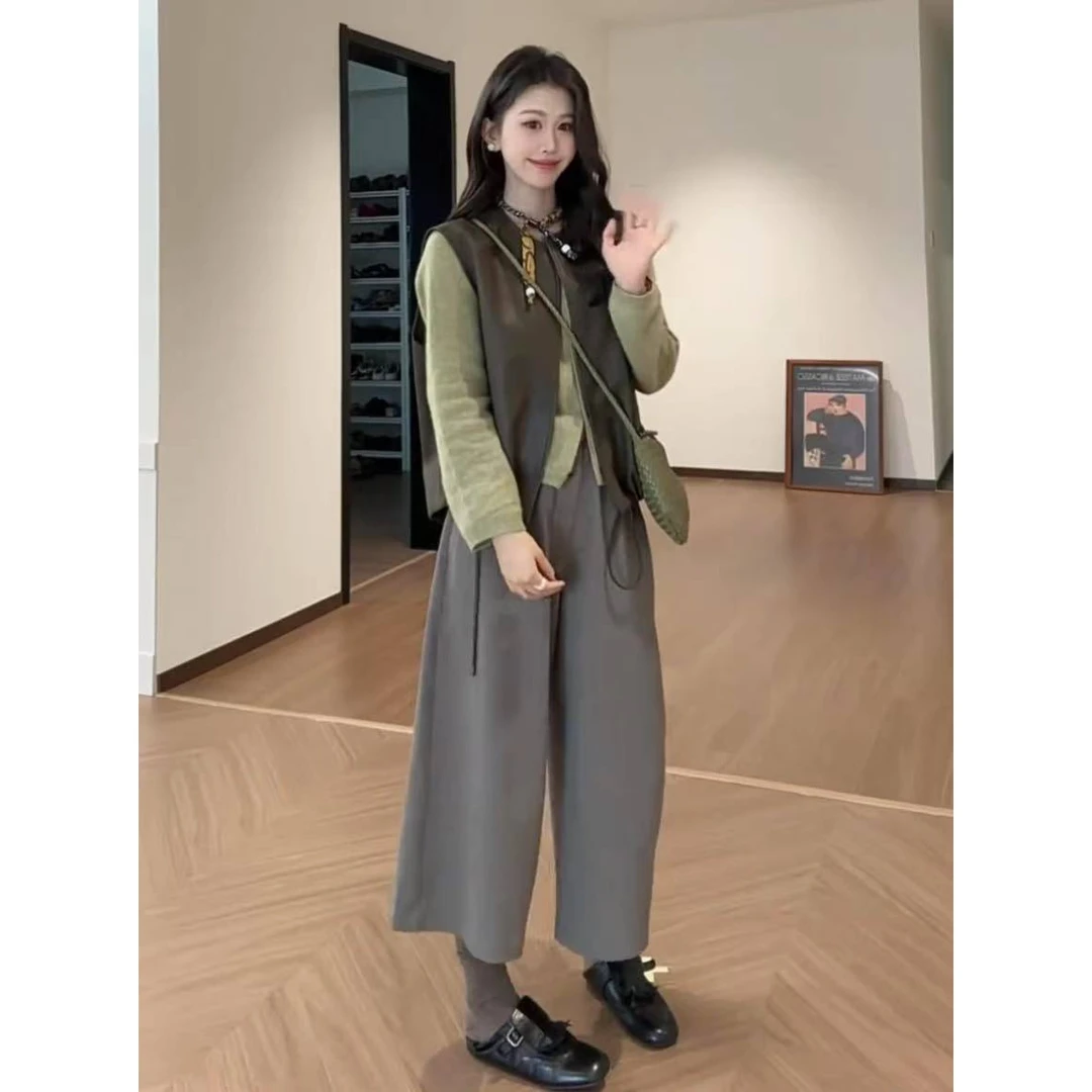 高级感巨好看的套装韩系简约百搭无袖马甲长袖针织开衫休闲阔腿裤