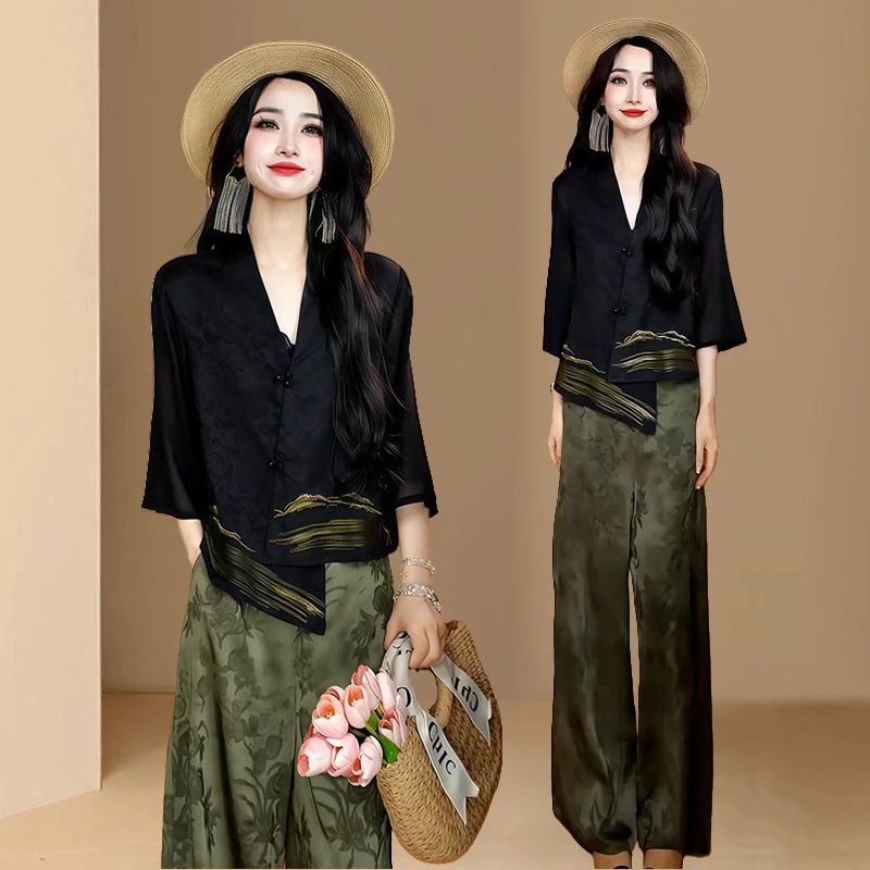 小众洋气时尚气质感套装女2025年夏季新款遮肉上衣直筒长裤两件套
