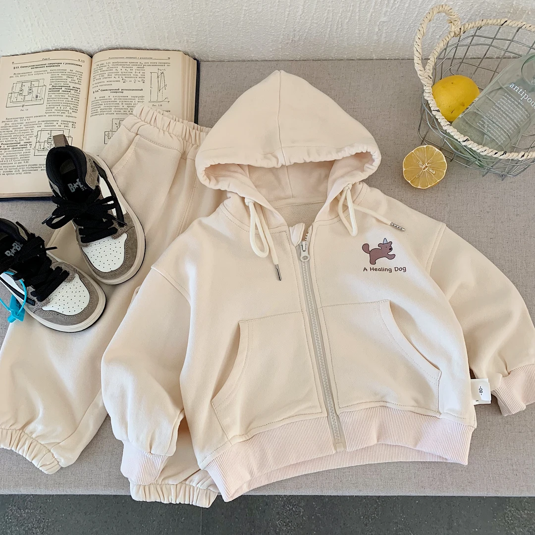 儿童卫衣套装2025春秋季韩版男女童带帽拉链衫春秋卡通印花两件套