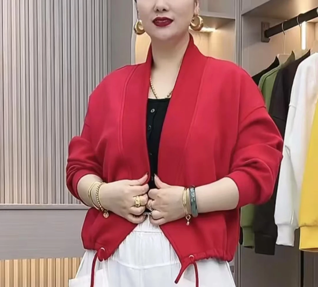 妈妈装春季新款外套无扣开衫显瘦百搭洋气抽绳宽松百搭爆款上衣