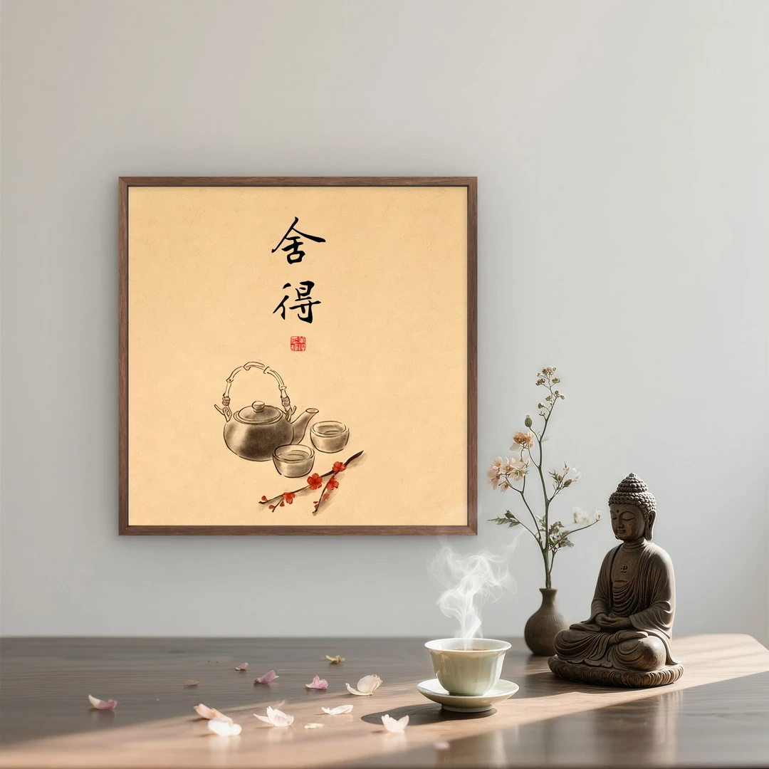 9676-50*50舍得茶壶红中式装饰画木框玄关书房茶室客厅挂画
