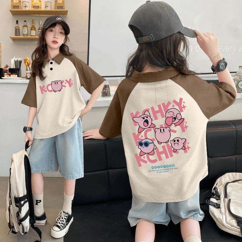 女童夏装2025新款拼接POLO衫短袖洋气甜美儿童卡通T恤透气潮童装