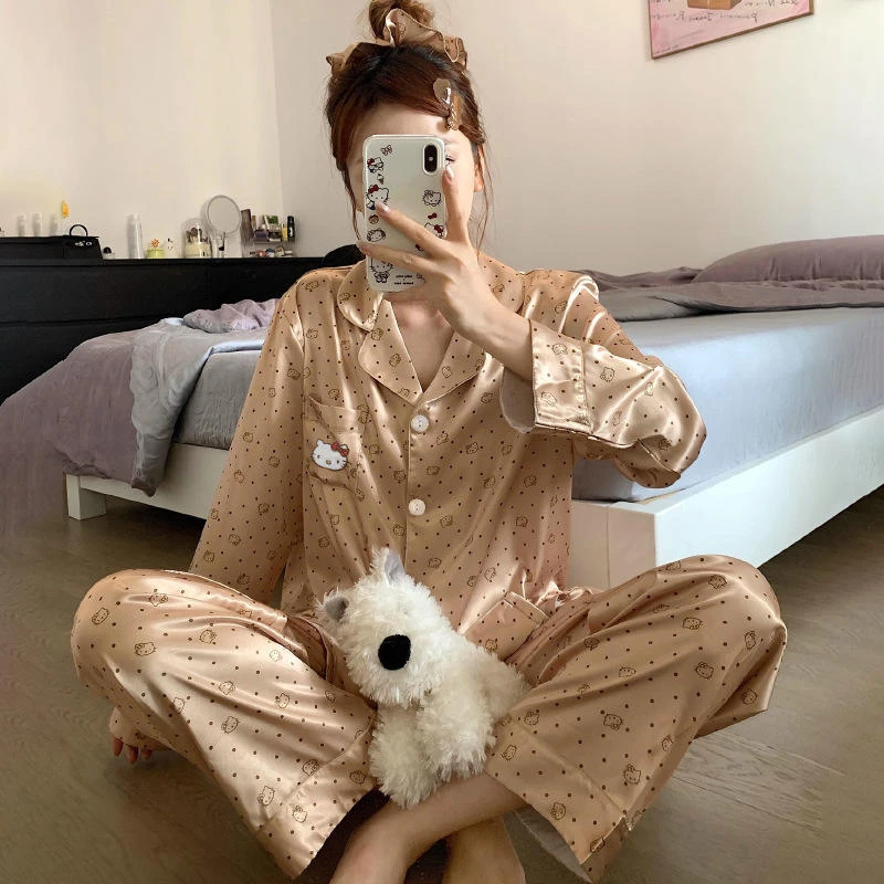 舒适冰丝秋季睡衣女士长袖长裤复古高档波点家居服