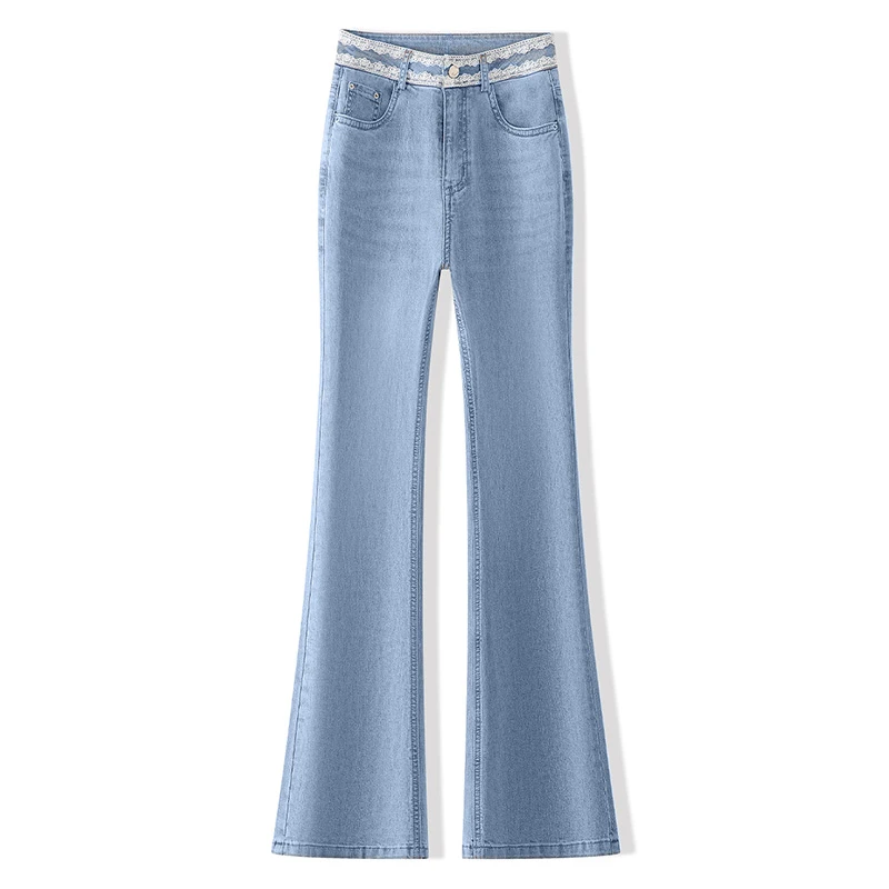 蕾丝花边微喇牛仔裤女秋季2026年新款薄款弹力显瘦韩版喇叭九分裤