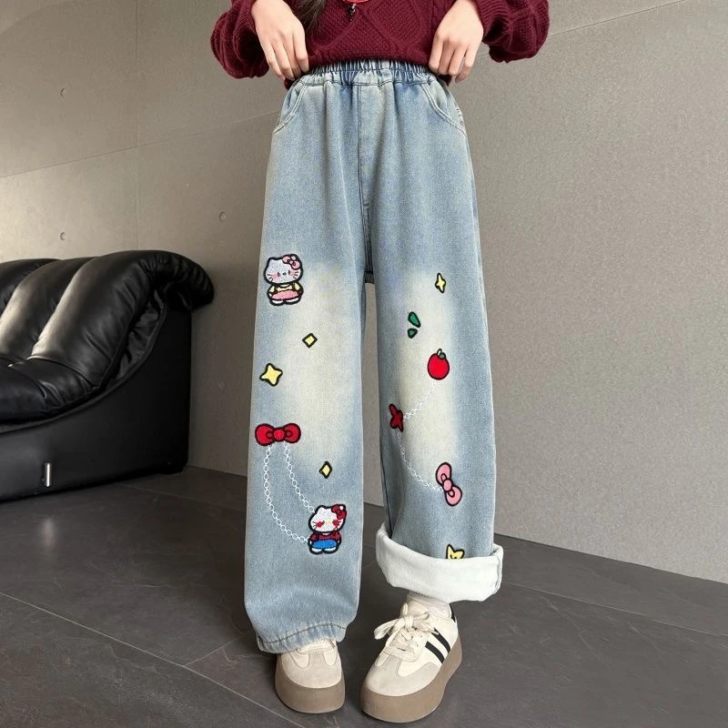 N00142女童秋冬季加绒加厚牛仔裤子2025新款休闲女孩长裤中大童装
