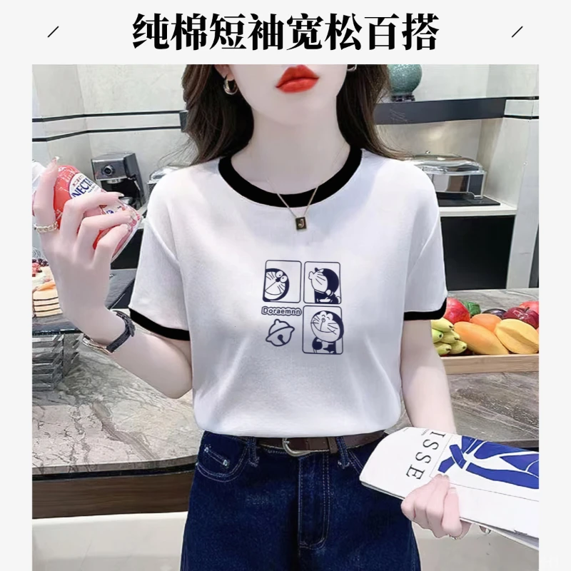 纯棉短袖正肩拼接撞色黑色领口T恤女夏季新款宽松洋气百搭短款ins