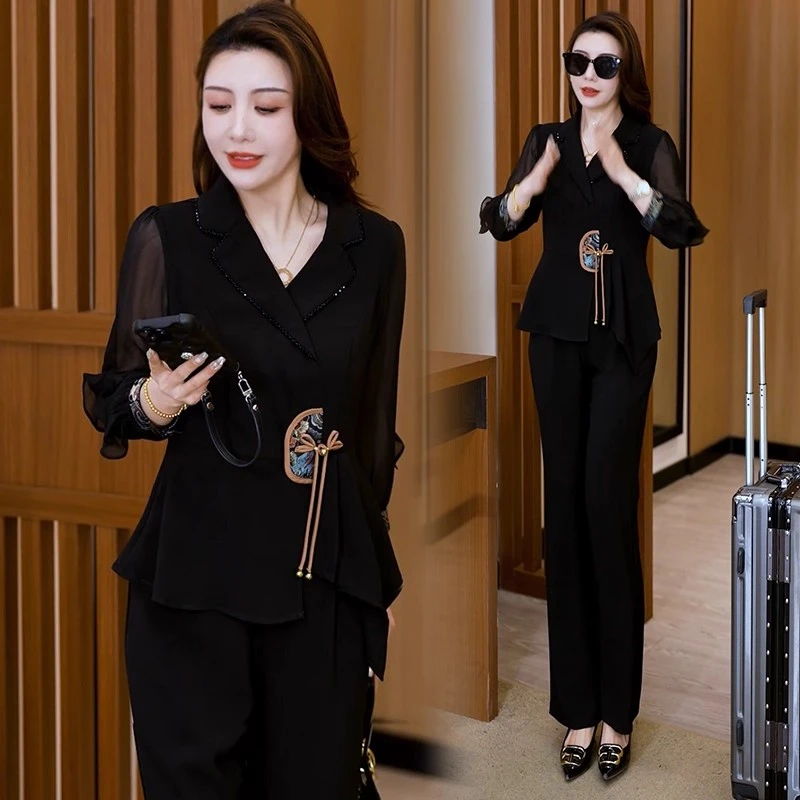 国风洋气时尚套装女2025年春秋季新款气质西服领上衣直筒裤两件套