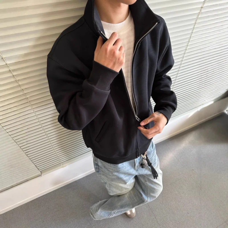 正品高端春季男装牛奶丝立领拉链高级松弛感卫衣长袖外套上衣帅气