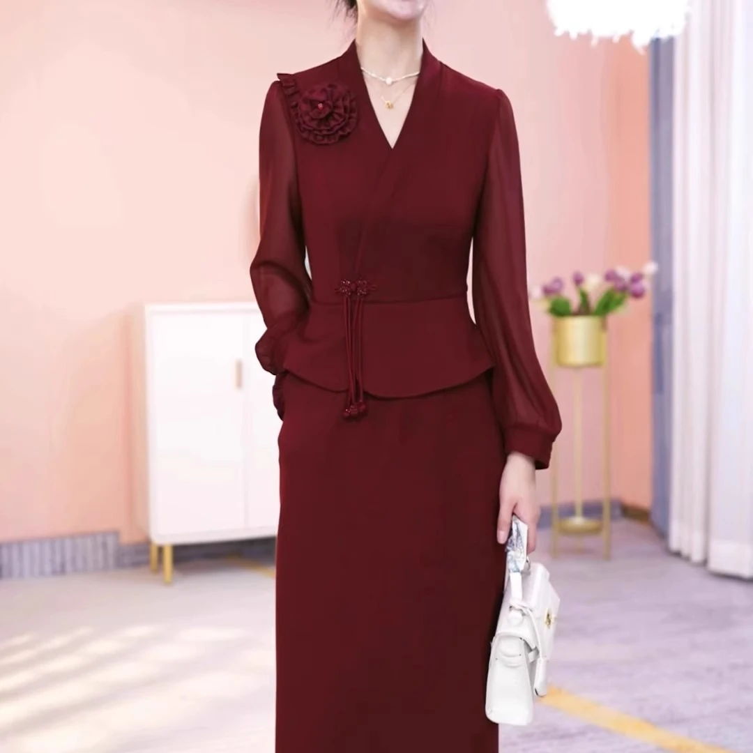 纯色经典假两件气质连衣裙女2025春季新款端庄显瘦大气中长款裙子