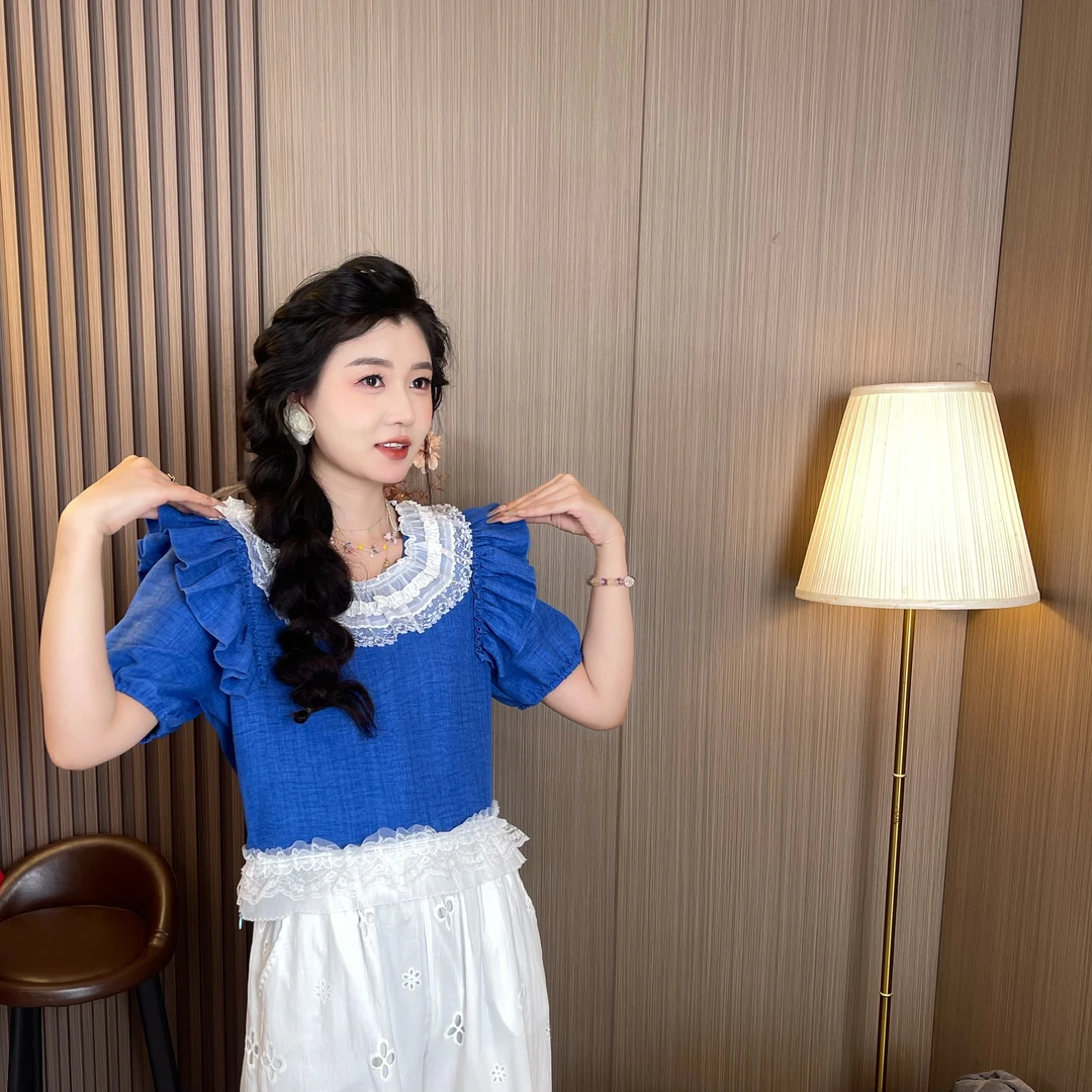 MUMU家【锦绣前程】设计款甜美浪漫牛仔半袖花边上衣