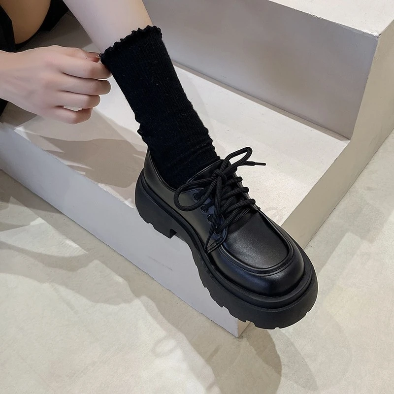 GK厚底乐福鞋女系带一脚蹬两穿单鞋春秋时尚百搭黑色真皮复古秋季