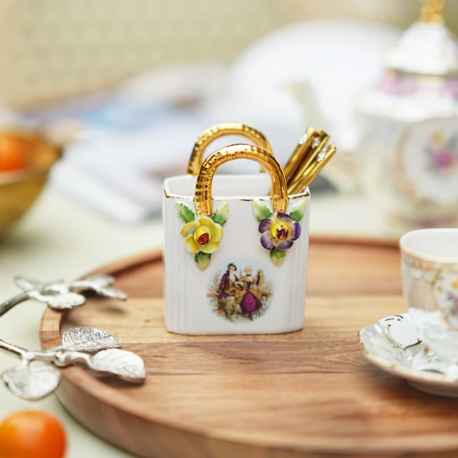 【奇居】白色立体花卉小包包收纳罐客厅桌面摆件#H094-WT-H04