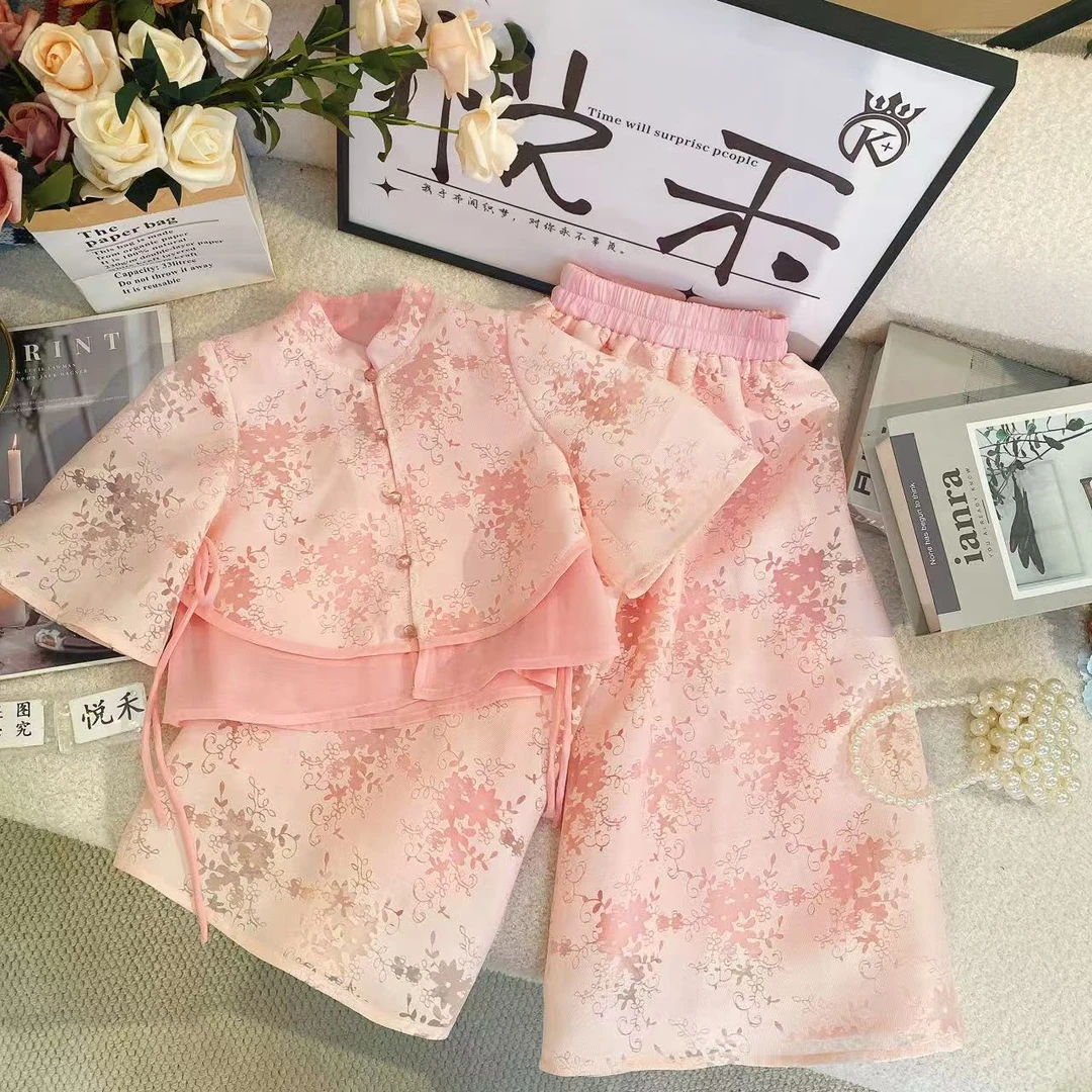 M女童夏季新中式小飞袖飘逸女宝套装甜美公主阔腿裤套装粉色8876