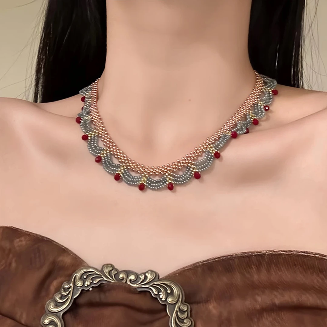 非金属树脂项链 【楼兰少女】多层蕾丝红蓝撞色串珠项链复古锁骨链