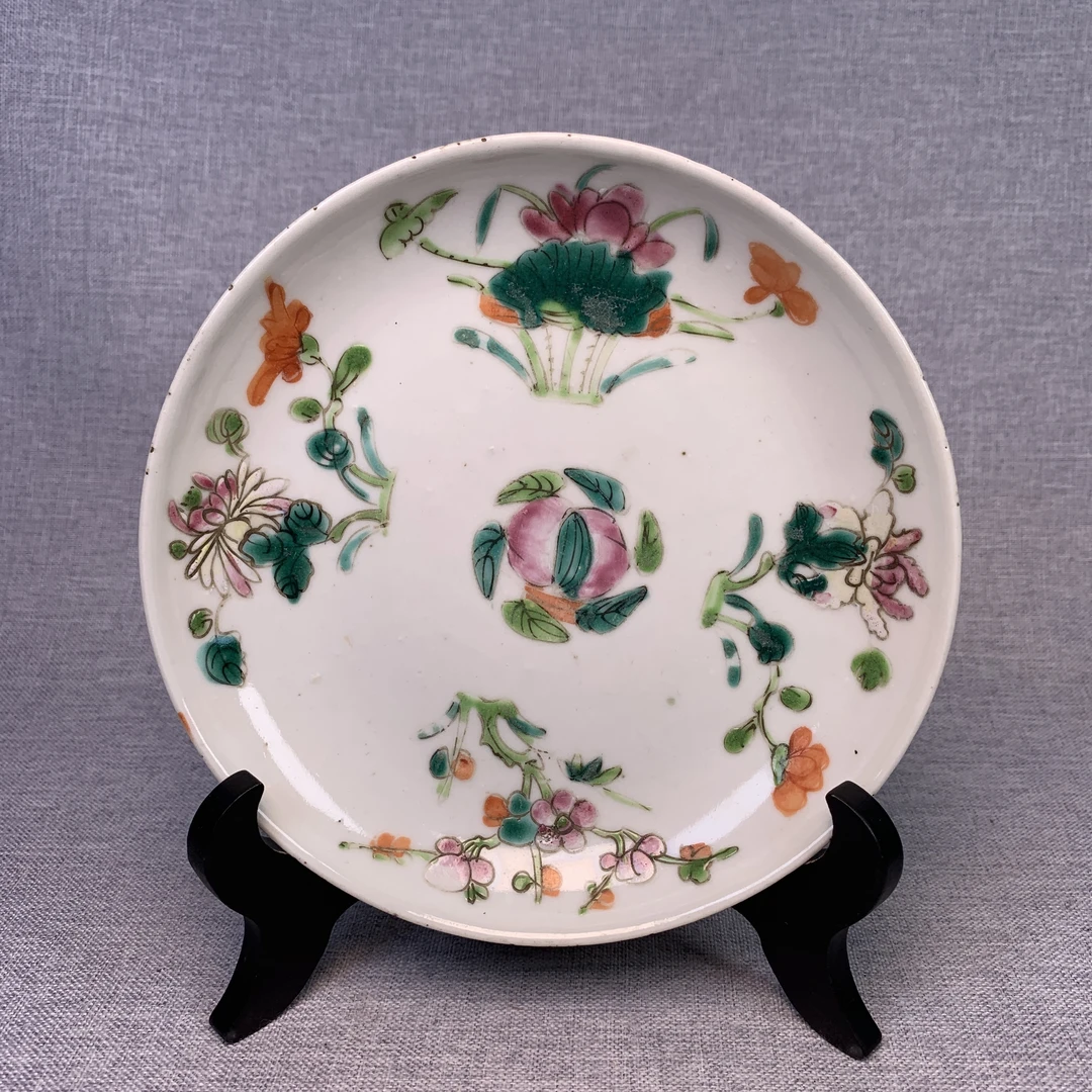 清代粉彩四季花卉盘古瓷器真品国营镇江市文物商店库出3068094