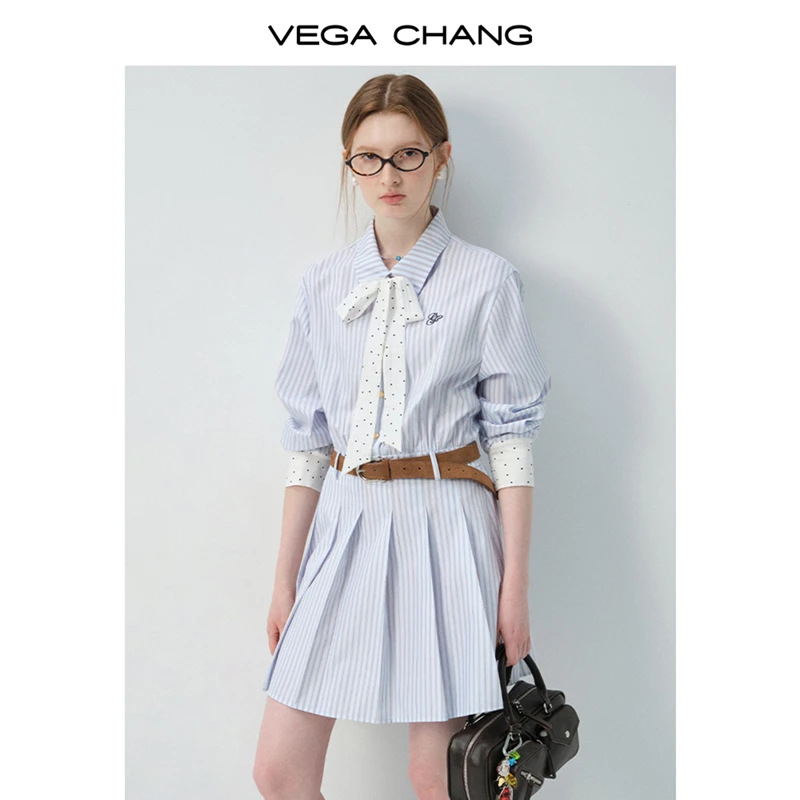 VEGA CHANG连衣裙2026款复古学院风波点飘带条纹衬衫裙子0132JJ