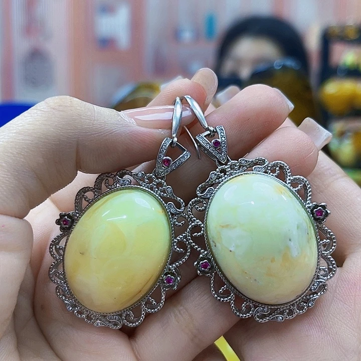 琥珀银S925镶嵌颈饰耳环