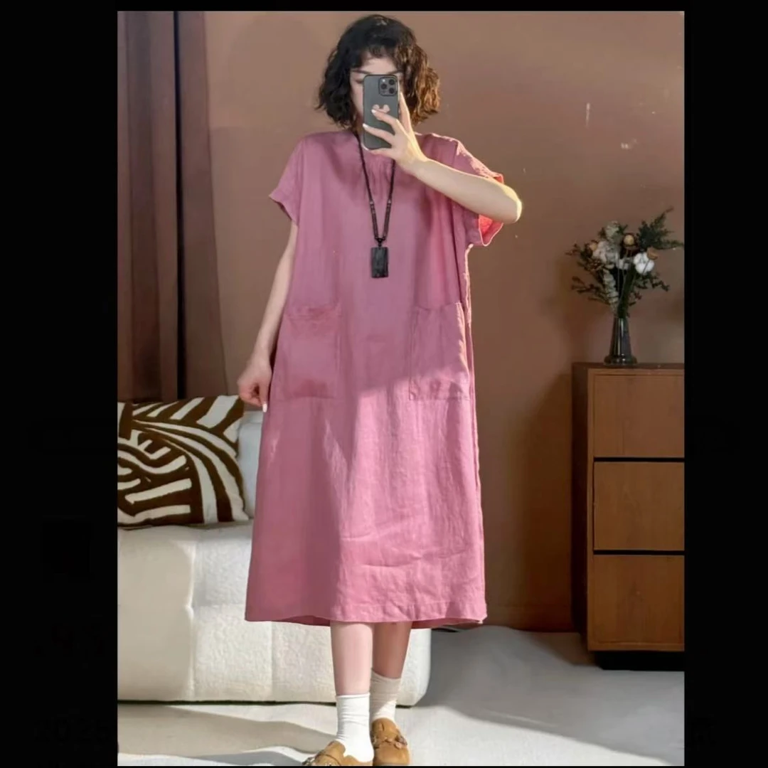 2025年纯亚麻文艺复古圆领纯色大口袋直筒宽松连衣裙女