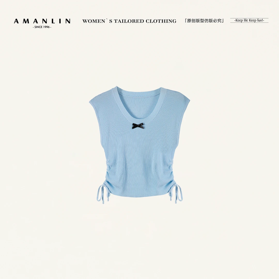 AMANLIN/阿谩琳欧若风纯欲风收腰蝴蝶结短袖针织衫上衣Y599309