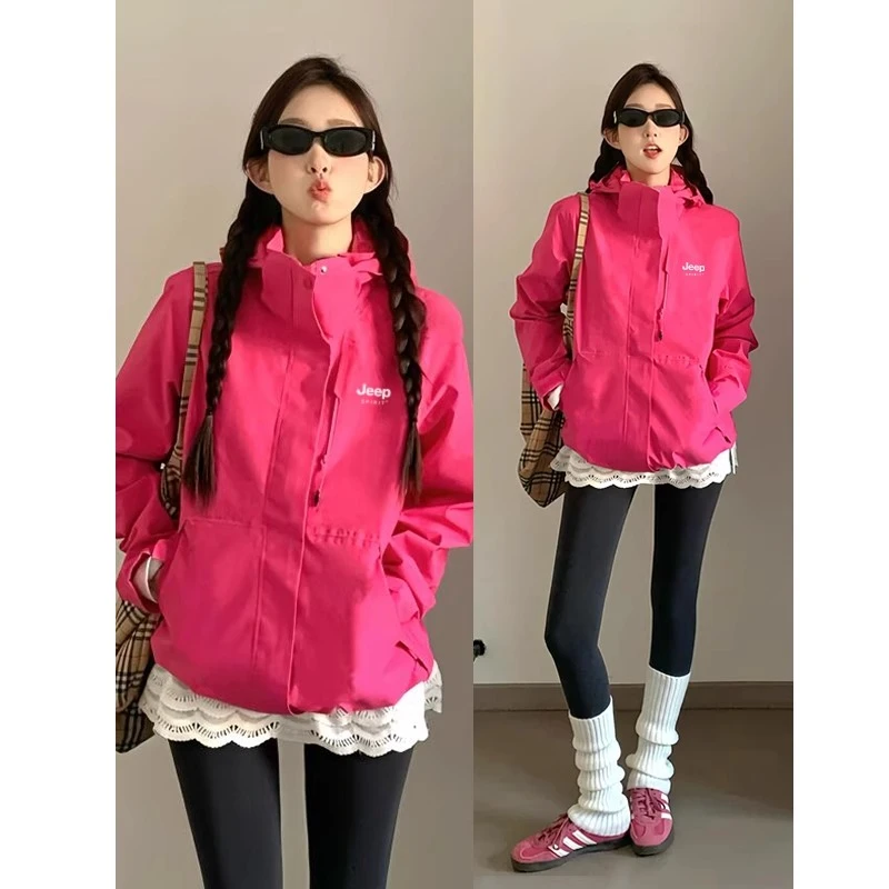 JEEP SPIRIT玫红色冲锋衣女2025新款春秋季三合一小个子开春外套