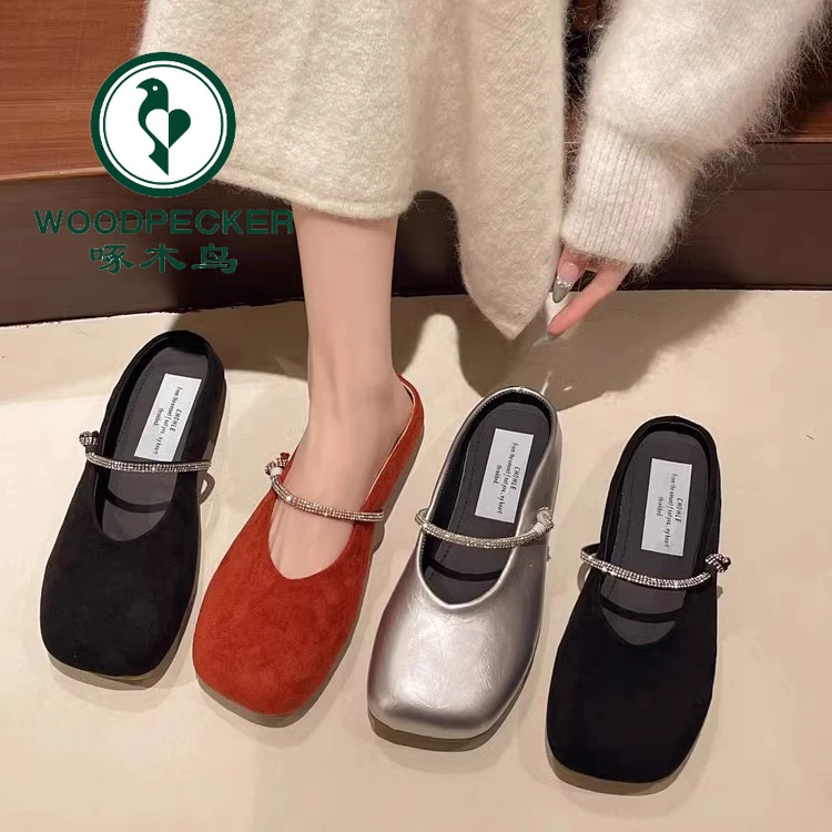 啄木鸟晚晚风温柔平底包头拖鞋女夏外穿2025新款水钻圆头玛丽珍鞋