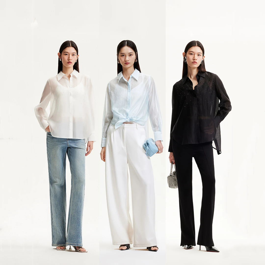 Vero Moda衬衫女春游出行烫钻设计微透设计后摆开叉325105045