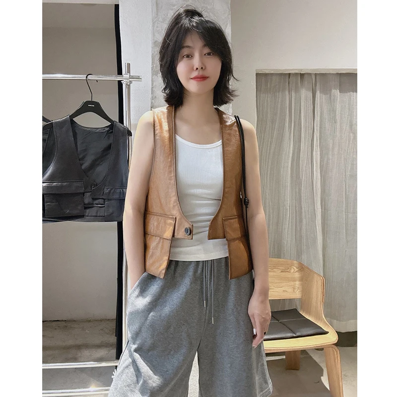 欧洲站2025新款漆皮欧美风男友风短款皮衣马甲时尚直筒机能风马夹