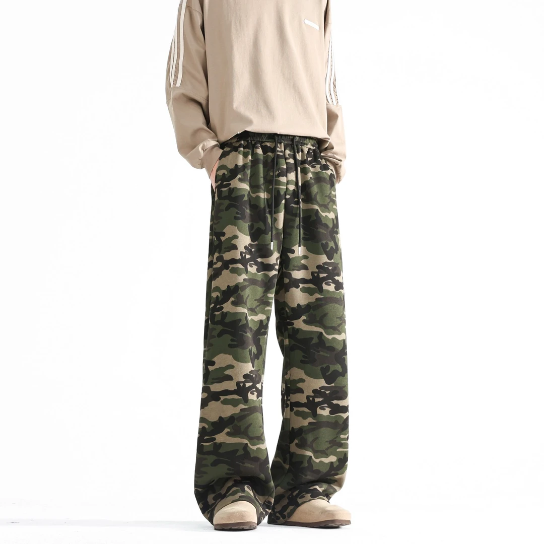 美式复古弯刀迷彩裤男女款早秋高街重磅运动卫裤直筒阔腿微喇裤子