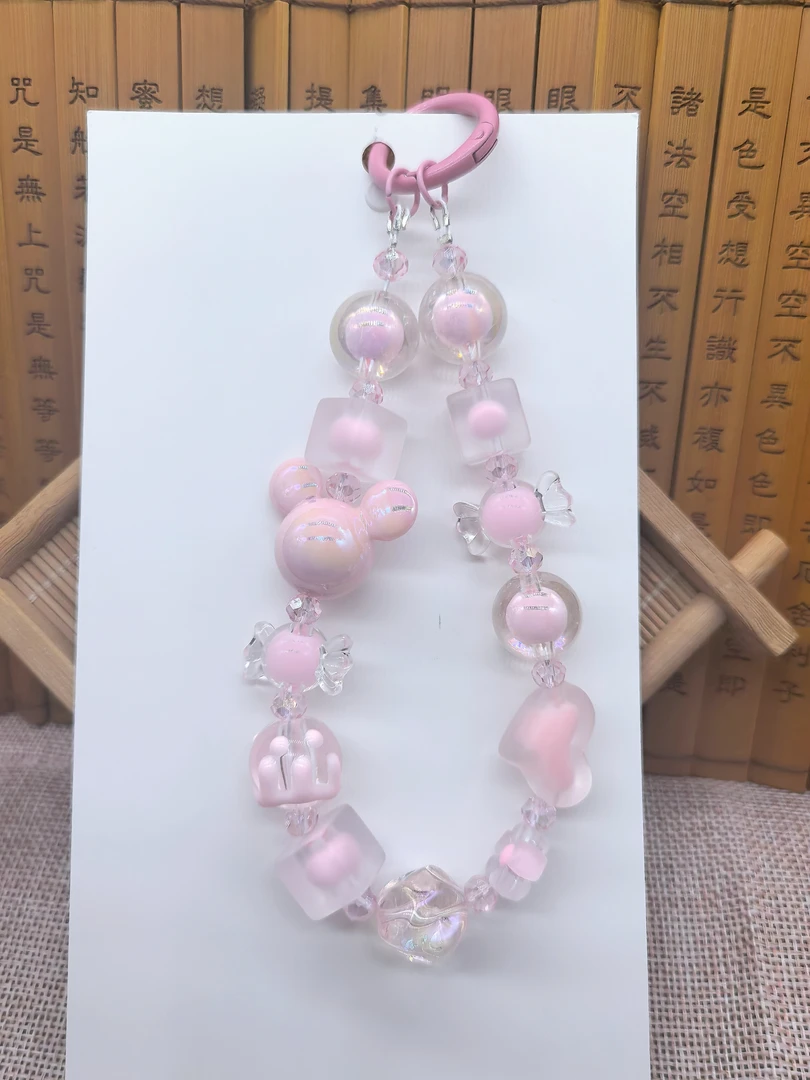 粉嘟嘟潮流可爱手机链网红款米奇头结创意防丢挂绳项链水晶钥匙扣