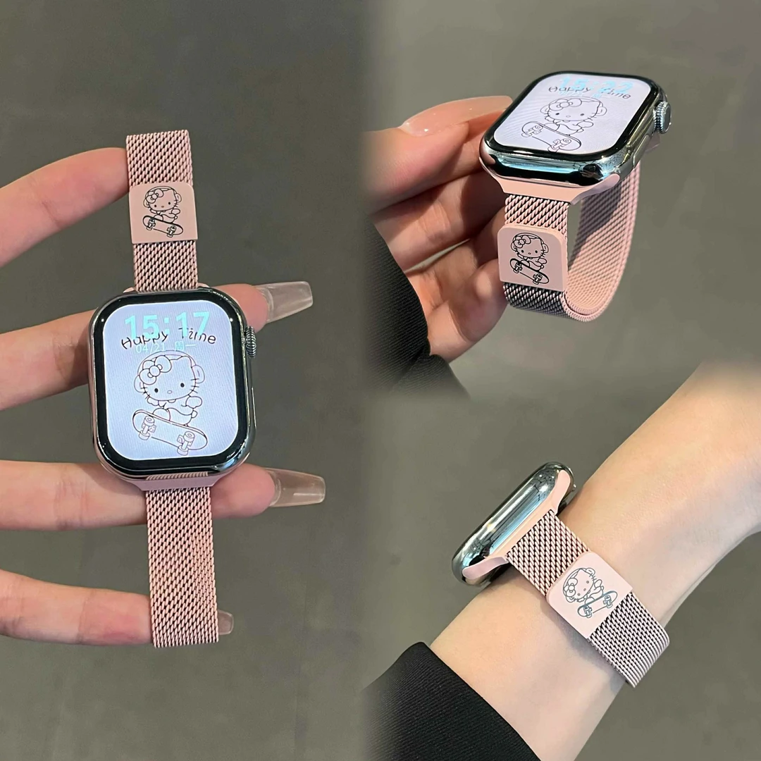 适用applewatchS10/9/8/7/SE萌宠猫金属ins风女款S9米兰尼斯钢带