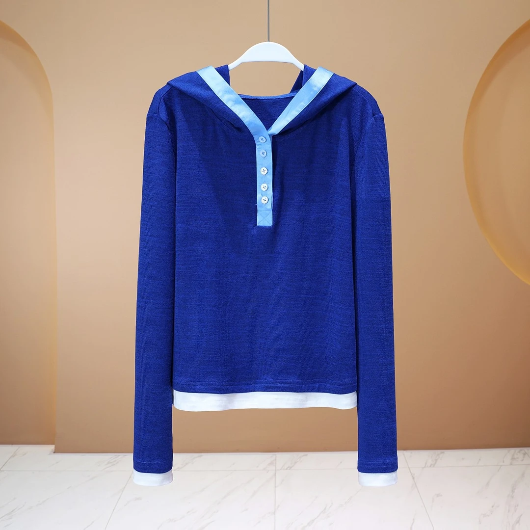 【程二女装】设计师款《浮天沧海远》海涛蓝假两件连帽打底衫6059