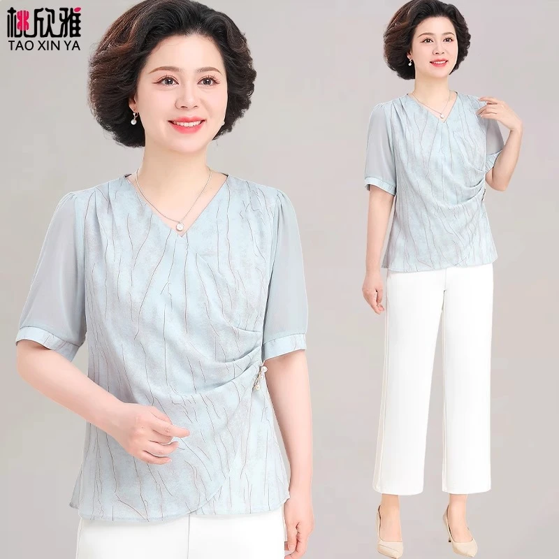 中年妈妈夏装母亲节V领收腰短袖上衣套装贵夫人中老年女夏季小衫
