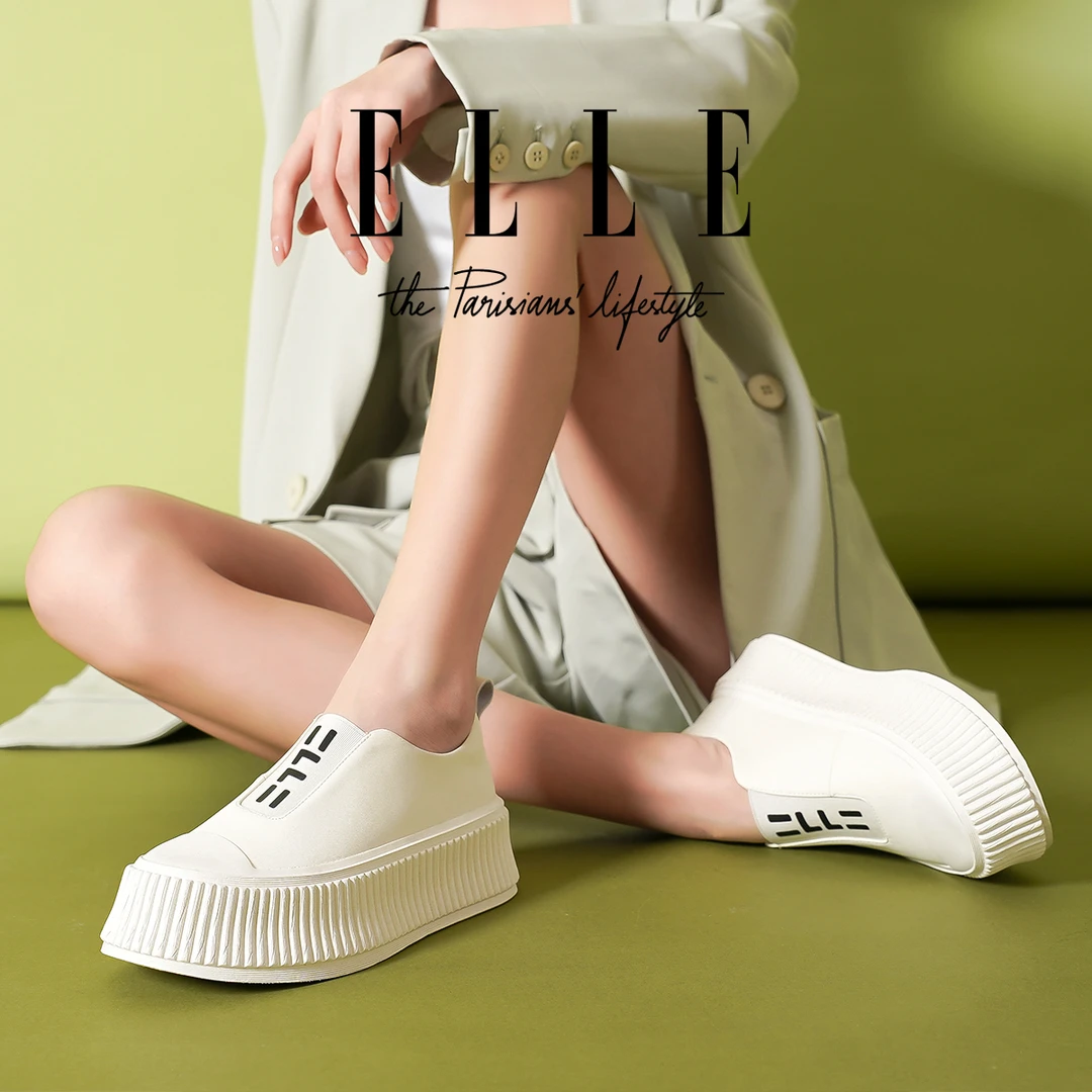 ELLE真皮厚底饼干鞋2025新款低帮板鞋一脚蹬女鞋懒人鞋增高小白鞋