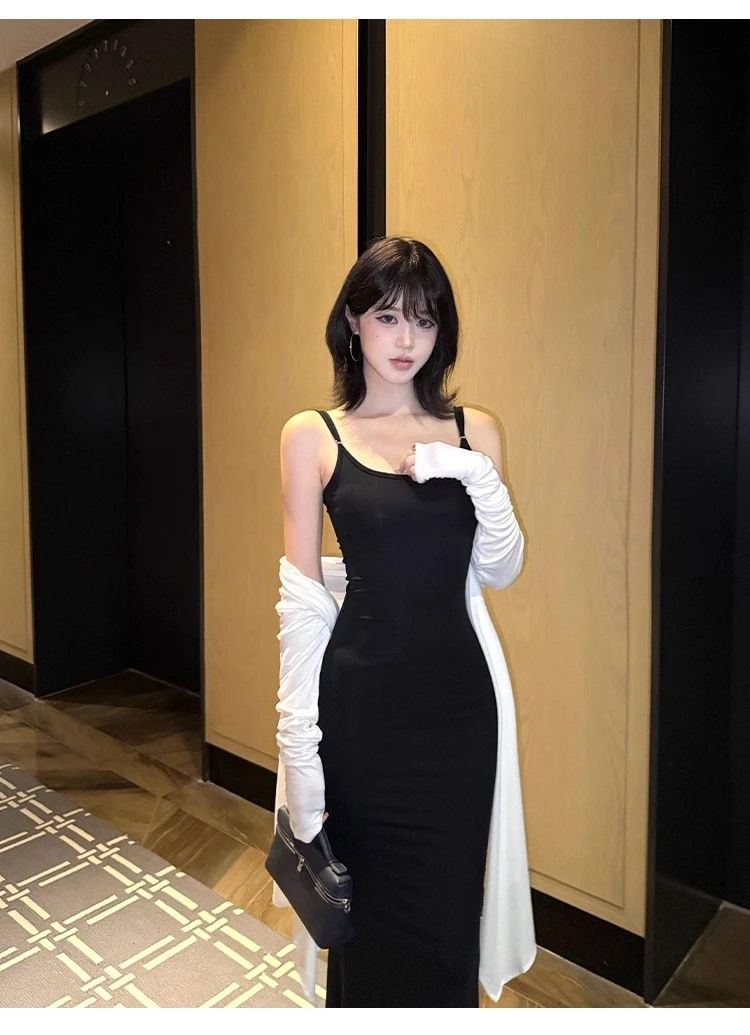 不冷BULENG 新款双肩带连衣裙女夏气质修身显瘦鱼尾长裙