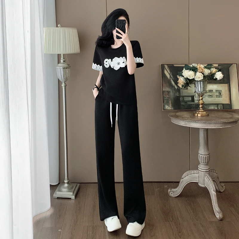 韩版黑色休闲运动套装女夏季显瘦蕾丝拼接短袖高腰直筒裤两件套装