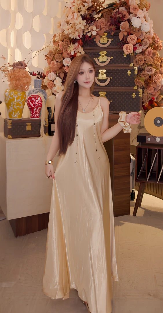 新款法式温柔风冰丝吊带连衣裙洋气衣服女