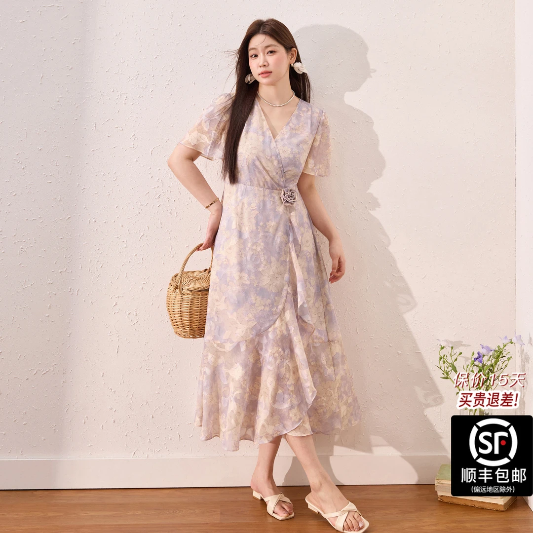 蓝语大码女装法式浪漫仙气度假碎花裙2025夏收腰显瘦连衣裙11480