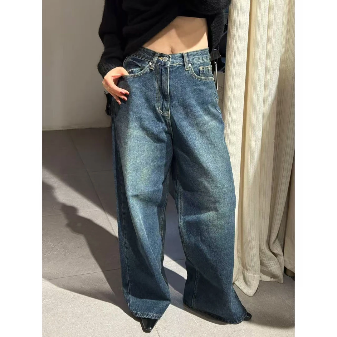 【Yangzipuzi】韩LK秋阔腿复古蓝百搭水洗高腰显瘦时尚休闲牛仔裤