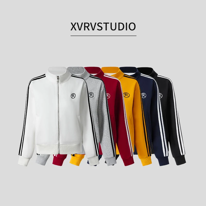 XVRV秋冬新款2025复古条纹宽松运动外套小立领夹克休闲开衫卫衣
