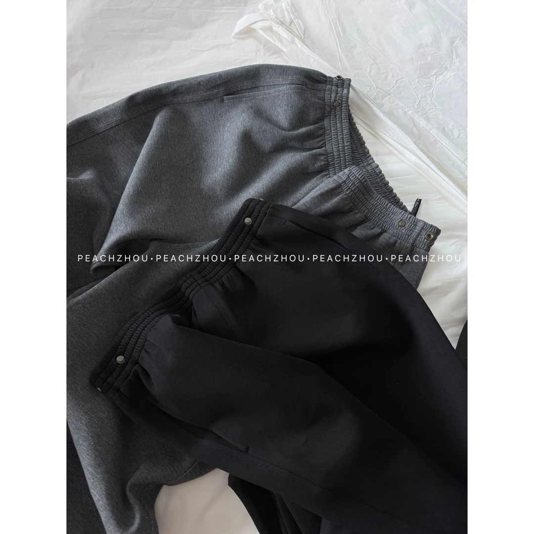 『PEACHZHOU』四合调节扣空气层宽松直筒休闲裤松紧腰百搭阔腿卫裤