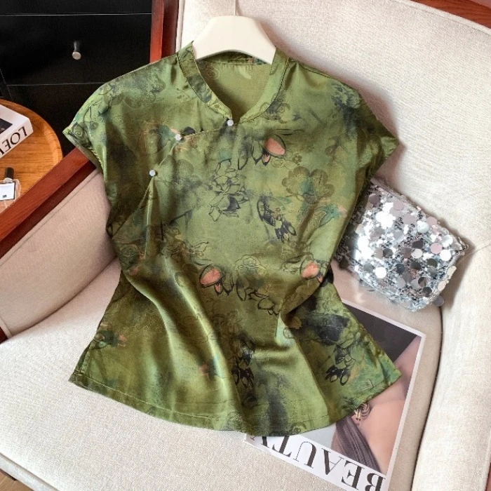 新中式衬衫国风缎面提花短袖T恤女夏季显瘦复古小衫改良旗袍上衣