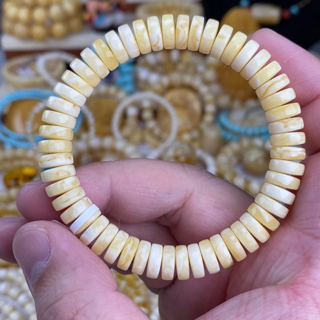 蜜蜡未镶嵌手链瓷白妖花9mm药片