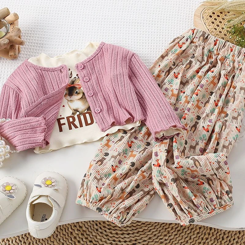 韩版女童秋装2025针织外套+休闲碎花裤子套装春秋爆款网红童装